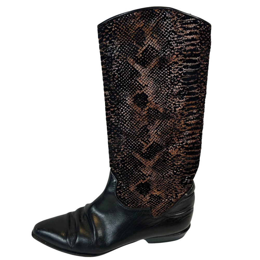 Via Spiga Italian Leather Snakeskin Print Tall Boots Black Bronze Size 8.5